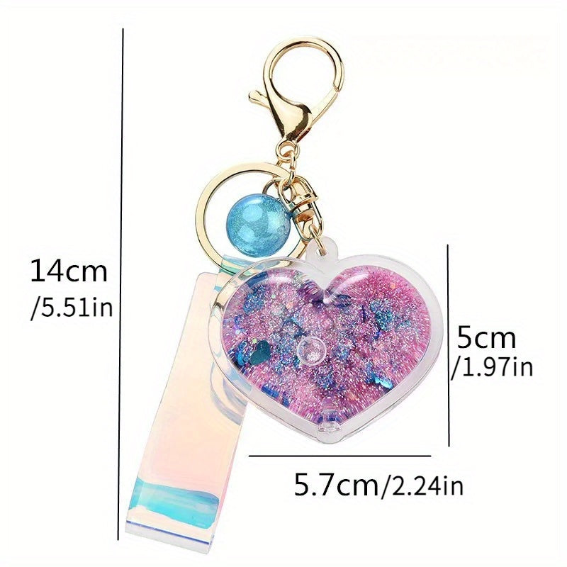 Acrylic Heart-Shaped Keychain with Quicksand Glitter, Trendy Fashion Bag Accessory, Exquisite Cute Keyring with Love Theme